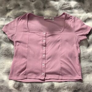 Rebel Sugar Pink Ribbed Button-Front Square Neck Crop Top